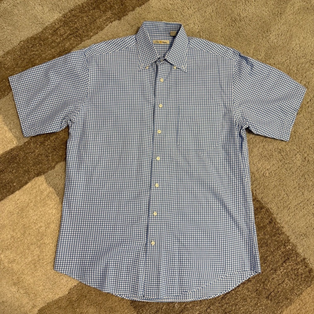 Peter Millar Men Blue White Gingham Short Sleeve Button Down Shirt Size M Cotton